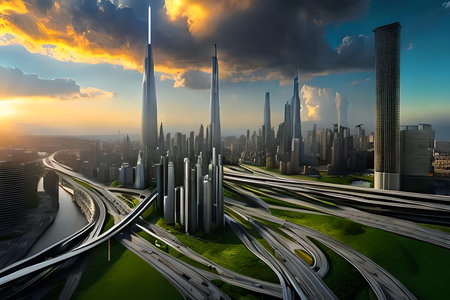3D render of futuristic city with highway, bridge and skyscrapersの写真素材