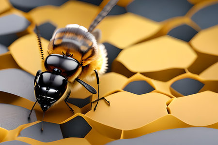 3d render of bee on honeycomb background. Honeybee concept
