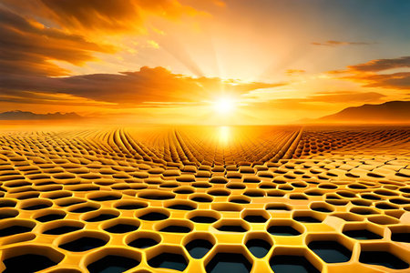 Honeycomb and sun at sunset. 3d render illustration.の素材