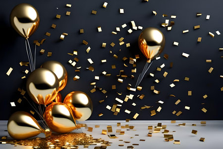Golden balloons with confetti and ribbons on a black background. 3d renderの素材