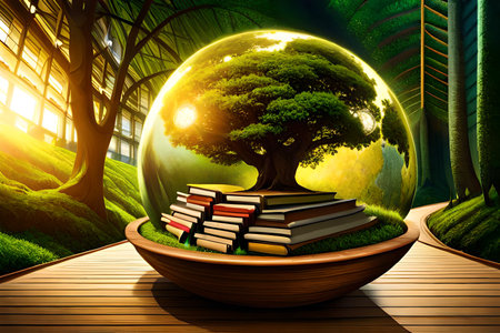 Glowing sphere with books and tree in the forest. 3D rendering
