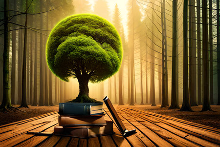 Conceptual image with green tree in the middle of a bookの写真素材
