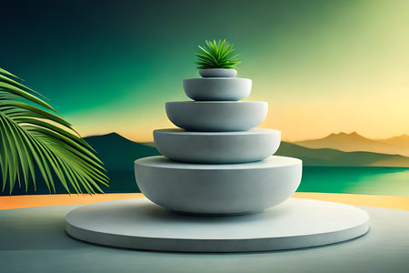 3d render of a podium in the desert with a palm treeの写真素材