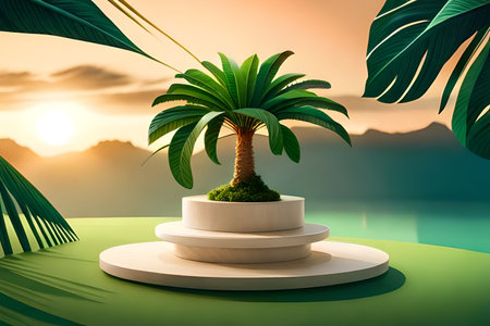 3d render of podium with palm tree and leaves on sunset backgroundの写真素材