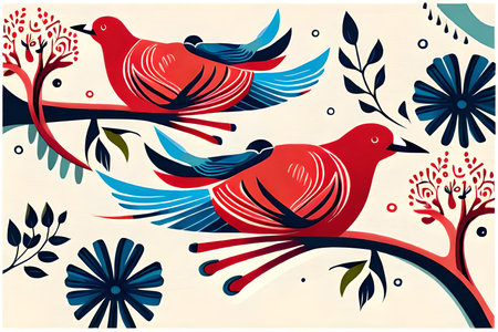 abstract floral background with birds and flowers in retro style, vector illustrationの写真素材