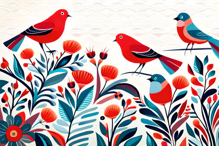 floral background with bullfinch and red flowers, vector illustrationの写真素材