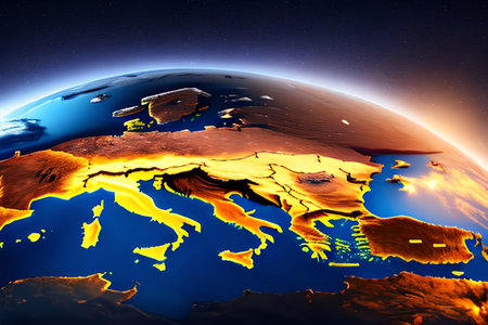 Europe on planet Earth at night with visible city lights. 3D illustration.の写真素材