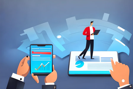 Businessman working on tablet computer and mobile phone with financial chart. Vector illustration.の写真素材