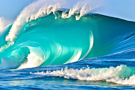 Blue ocean wave with white foam and blue water background, extreme sportの写真素材