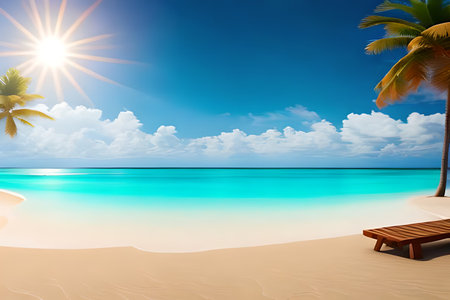 tropical beach with palm and sun on blue sky. 3d renderingの写真素材
