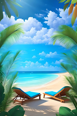 Beach with chaise lounges and palm trees, vector illustration