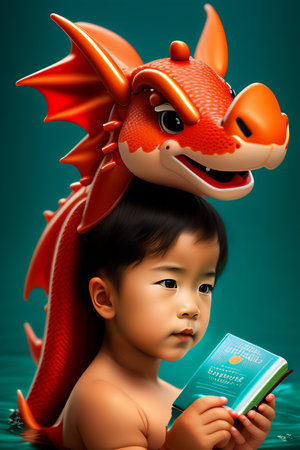 3d illustration of a boy reading a book with a dragon in the backgroundの素材