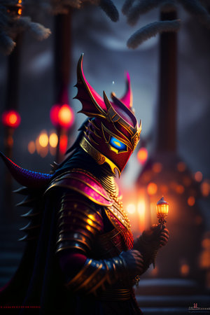 3d illustration of a demon warrior in the dark forest with lanternsの素材