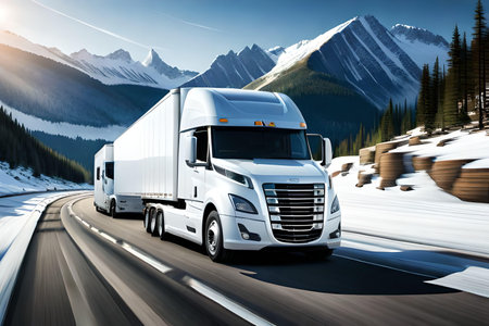 White truck on the road in the mountains. Concept of freight transportation.