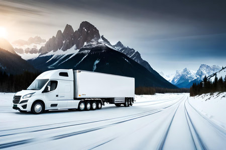 truck on the road against the background of snow-capped mountainsの写真素材