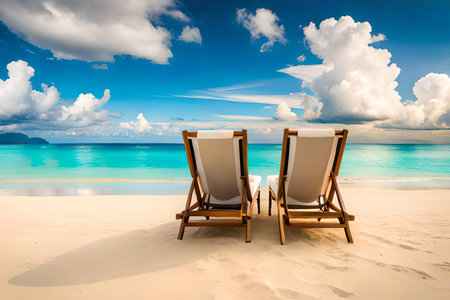 Beach chairs on tropical beach at Seychelles, Maheの写真素材