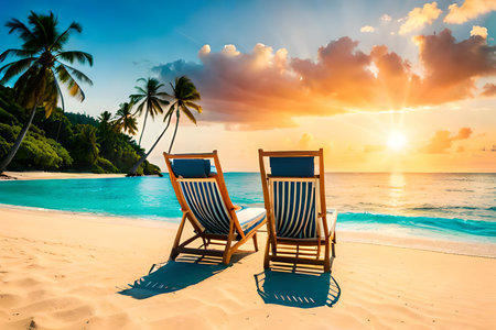 Beautiful tropical beach and sea with coconut palm tree at sunset time - Holiday Vacation conceptの写真素材