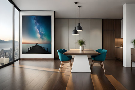 Interior of modern dining room with white walls, wooden floor, long wooden table with blue chairs...