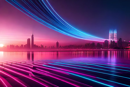 Abstract glowing lines on the background of the night city and the riverの写真素材