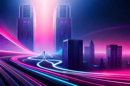Futuristic city at night with neon light trail. Vector illustrationの写真素材