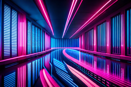 Futuristic corridor with glowing neon lights. 3D Renderingの写真素材