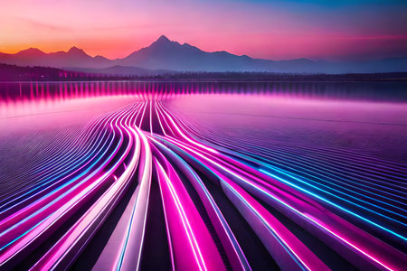 Fantastic sunset over the lake. Colorful glowing lines.の写真素材