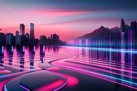 abstract cityscape background with glowing lines and skyscrapers at nightの写真素材
