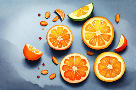 Slices of fresh orange and lemon on a blue background.の写真素材