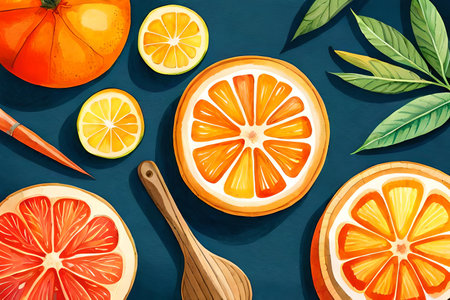 Citrus background with whole and sliced citrus fruits. Vector illustrationの写真素材