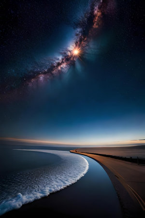 Milky Way over the sea at night. Long exposure photograph.
