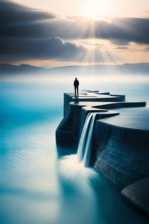 Silhouette of a man standing on the edge of a concrete wall and looking at a waterfallの写真素材
