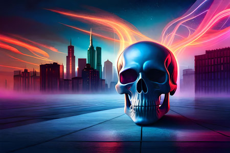 Skull in the city at night. 3D illustration. Neon lights.の素材
