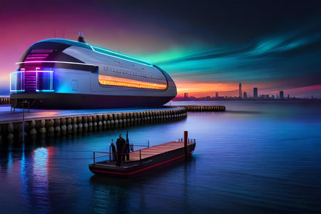 High speed train on the pier at sunset. 3D rendering.の素材