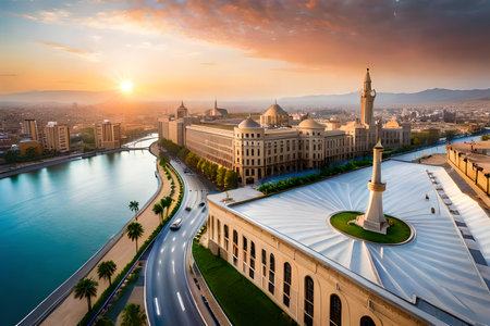 Aerial view of Sheikh Zayed Grand Mosque in Abu Dhabi, United Arab Emiratesの素材