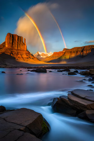 Famous Iceland landmark - Kirkjufell mountain with rainbow at sunriseの写真素材