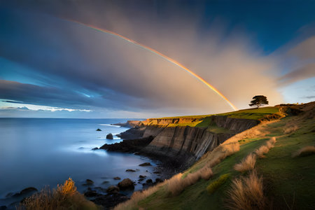Rainbow over the cliffs at sunset on the Jurassic Coast in Dorset