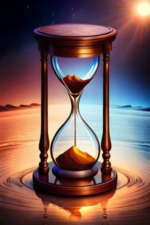 Hourglass in the desert. Time is passing. 3D rendering