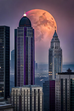 Dramatic full moon over skyscrapers in Kuala Lumpur, Malaysiaの写真素材