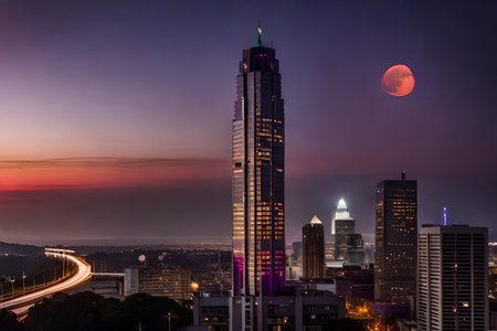 Cityscape of Kuala Lumpur, Malaysia at night with full moon.