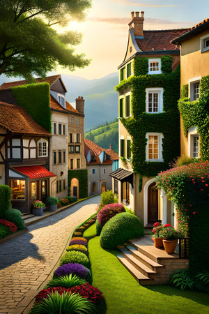 Beautiful village in the mountains at sunset. 3D rendering.の写真素材