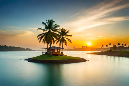 Beautiful tropical island with coconut palm tree and house at sunset timeの写真素材