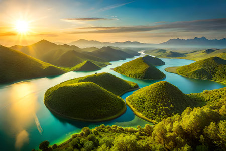 Beautiful landscape with green hills and blue lake at sunset time.の写真素材