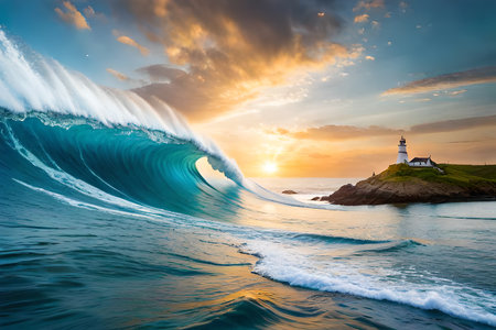Beautiful ocean wave and lighthouse at sunset. Dramatic sky.