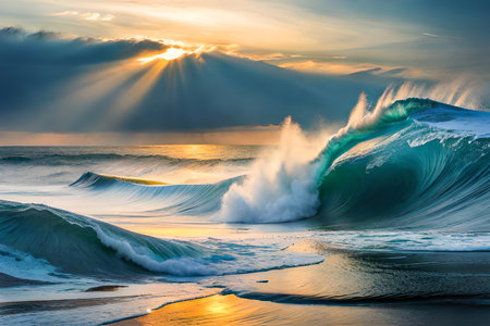 Ocean wave at sunset on the beach of Oahu, Hawaii.
