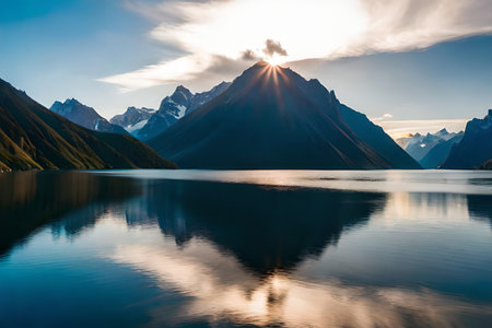 Reflection of Mount Fitz Roy at sunrise, Patagonia, Argentinaの写真素材