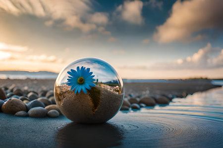Crystal ball with blue flower on the beach at sunset. Concept of environmental conservation.の写真素材