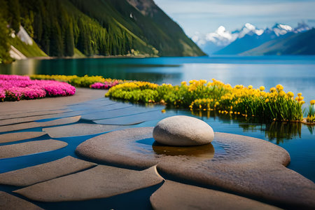 Mountain landscape with lake, stones and flowers in the foreground.の写真素材