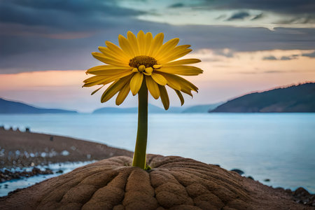 Sunset over a yellow daisy flower on the shore of Lake Titicaca, Boliviaの写真素材