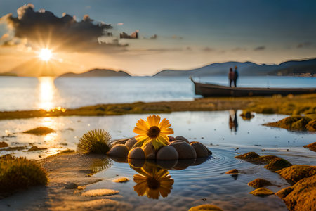 Sunset on the beach with stones and flower in the foreground.の写真素材