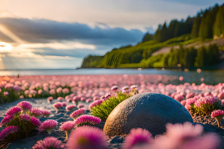 Beautiful pink flowers on the shore of Lake Tekapo in New Zealand